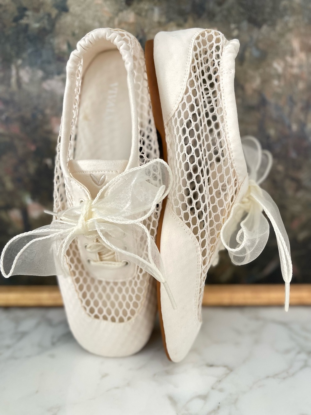 Vivaia Sneakerina Mesh Ribbon Lace Ballet Flat Cream